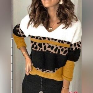 Animal Print Mustard, Black, White,Tan V-neck Fitted Sweater